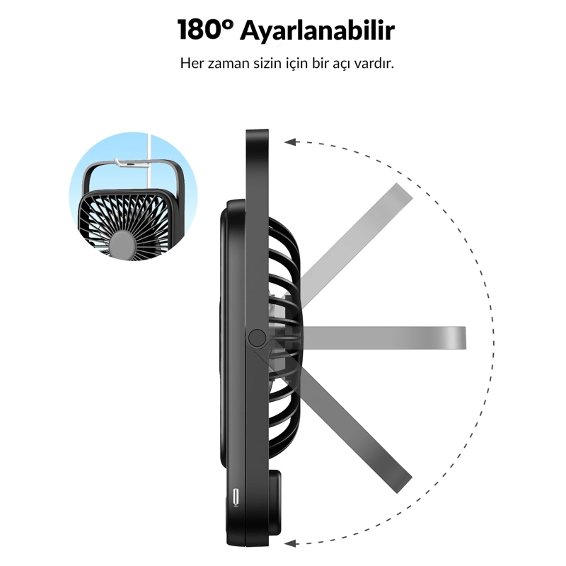 Warmco D2 5000mAh Şarjlı Masaüstü Vantilatör Dijital Göstergeli Taşınabilir Ultra İnce Soğutucu Fan Siyah - 8