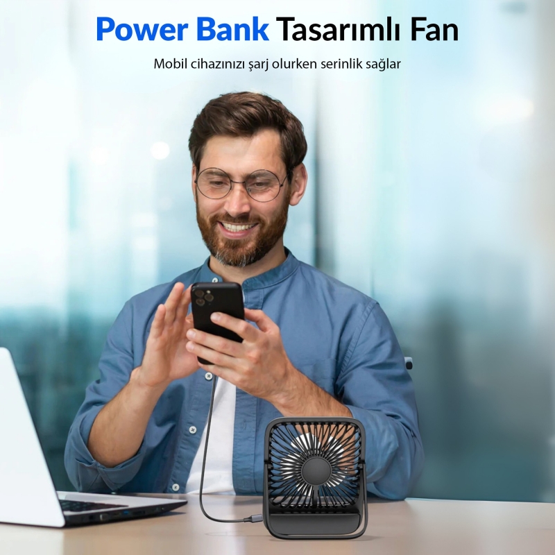 Warmco D2 5000mAh Şarjlı Masaüstü Vantilatör Dijital Göstergeli Taşınabilir Ultra İnce Soğutucu Fan Siyah - 5