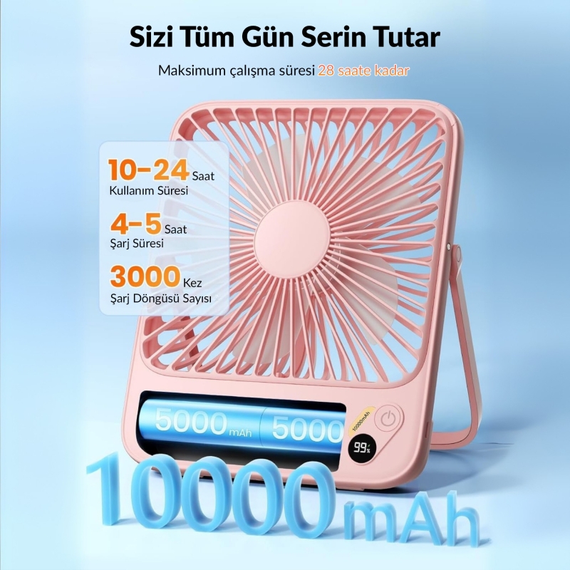 Warmco D3 10000mAh Şarjlı Masaüstü Vantilatör Dijital Göstergeli Taşınabilir Powerbank Soğutucu Fan Pembe - 2