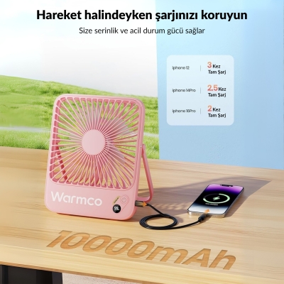 Warmco D3 10000mAh Şarjlı Masaüstü Vantilatör Dijital Göstergeli Taşınabilir Powerbank Soğutucu Fan Pembe - 3