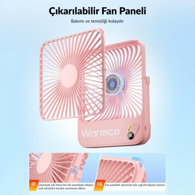 Warmco D3 10000mAh Şarjlı Masaüstü Vantilatör Dijital Göstergeli Taşınabilir Powerbank Soğutucu Fan Pembe - 4