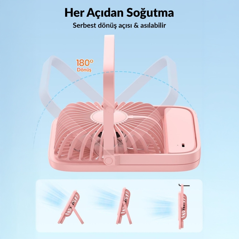 Warmco D3 10000mAh Şarjlı Masaüstü Vantilatör Dijital Göstergeli Taşınabilir Powerbank Soğutucu Fan Pembe - 5