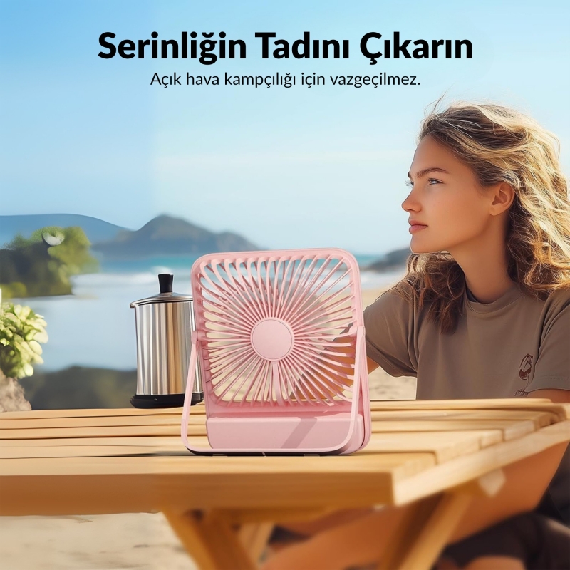 Warmco D3 10000mAh Şarjlı Masaüstü Vantilatör Dijital Göstergeli Taşınabilir Powerbank Soğutucu Fan Pembe - 7