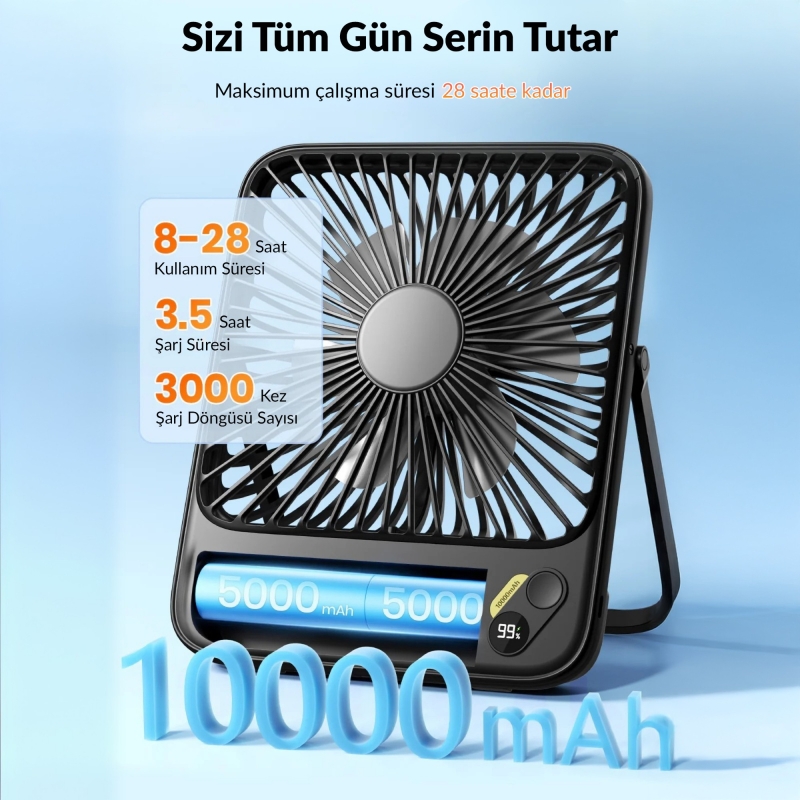 Warmco D3 10000mAh Şarjlı Masaüstü Vantilatör Dijital Göstergeli Taşınabilir Powerbank Soğutucu Fan Siyah - 2