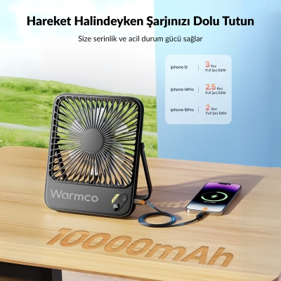 Warmco D3 10000mAh Şarjlı Masaüstü Vantilatör Dijital Göstergeli Taşınabilir Powerbank Soğutucu Fan Siyah - 3
