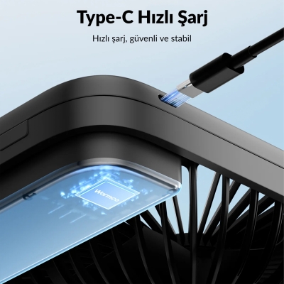 Warmco D3 10000mAh Şarjlı Masaüstü Vantilatör Dijital Göstergeli Taşınabilir Powerbank Soğutucu Fan Siyah - 4