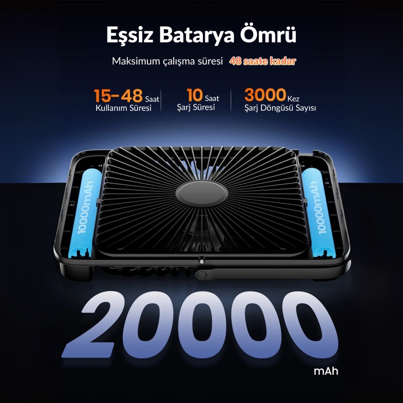 Warmco D4 20000mAh Şarjlı Masaüstü Vantilatör Dijital Göstergeli LED Işıklı Taşınabilir Powerbank Soğutucu Fan Siyah - 2