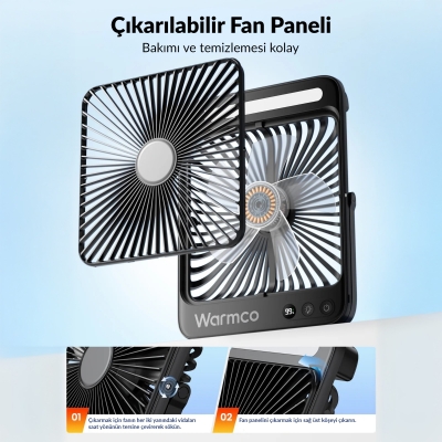 Warmco D4 20000mAh Şarjlı Masaüstü Vantilatör Dijital Göstergeli LED Işıklı Taşınabilir Powerbank Soğutucu Fan Siyah - 5