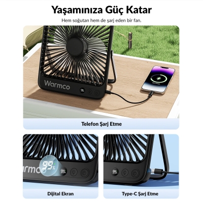 Warmco D4 20000mAh Şarjlı Masaüstü Vantilatör Dijital Göstergeli LED Işıklı Taşınabilir Powerbank Soğutucu Fan Siyah - 6