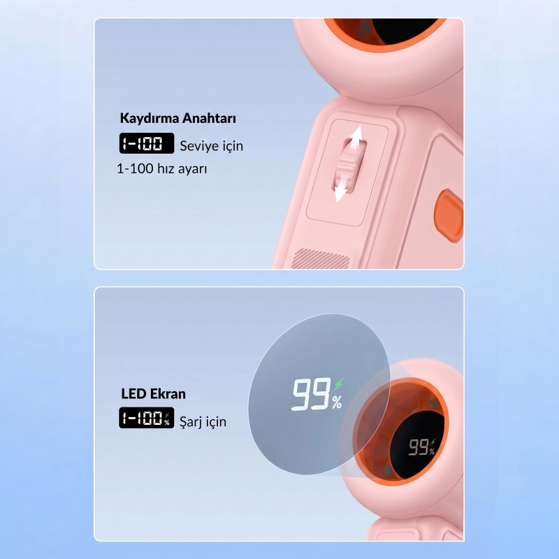 Warmco H1 15000 RPM Turbo El Vantilatörü 5000 mAh Şarjlı Dijital Göstergeli Mini Soğutucu Fan Pembe - 4