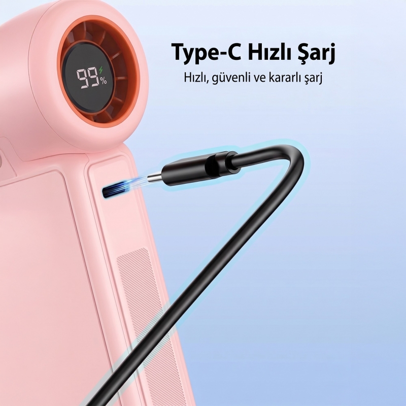 Warmco H1 15000 RPM Turbo El Vantilatörü 5000 mAh Şarjlı Dijital Göstergeli Mini Soğutucu Fan Pembe - 5