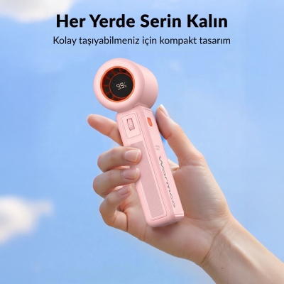 Warmco H1 15000 RPM Turbo El Vantilatörü 5000 mAh Şarjlı Dijital Göstergeli Mini Soğutucu Fan Pembe - 6