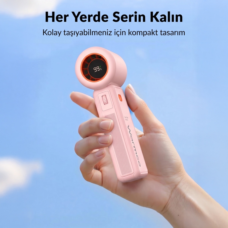 Warmco H1 15000 RPM Turbo El Vantilatörü 5000 mAh Şarjlı Dijital Göstergeli Mini Soğutucu Fan Pembe - 6