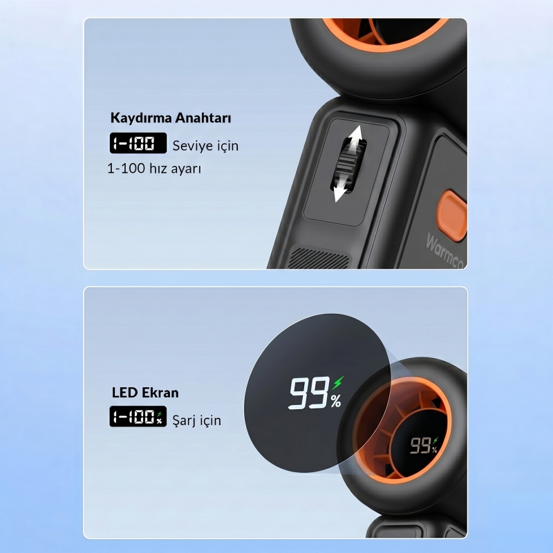 Warmco H1 15000 RPM Turbo El Vantilatörü 5000 mAh Şarjlı Dijital Göstergeli Mini Soğutucu Fan Siyah - 4