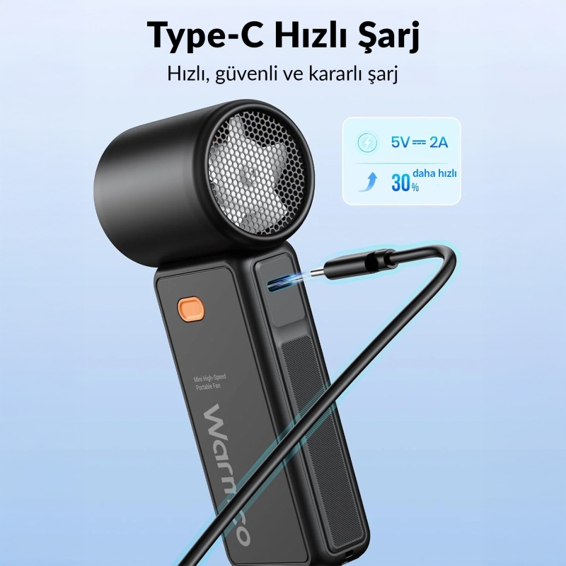 Warmco H1 15000 RPM Turbo El Vantilatörü 5000 mAh Şarjlı Dijital Göstergeli Mini Soğutucu Fan Siyah - 5