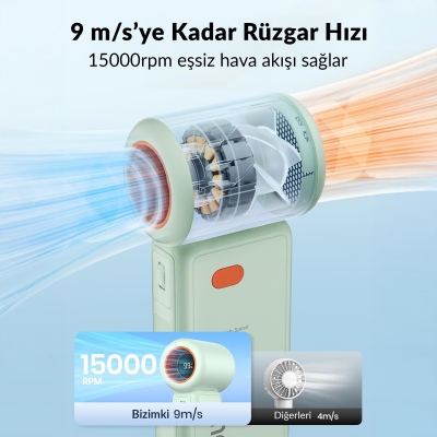 Warmco H1 15000 RPM Turbo El Vantilatörü 5000 mAh Şarjlı Dijital Göstergeli Mini Soğutucu Fan Yeşil - 2