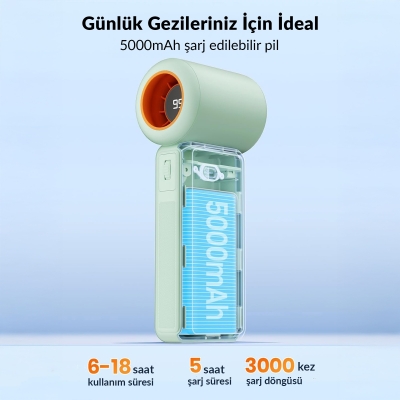 Warmco H1 15000 RPM Turbo El Vantilatörü 5000 mAh Şarjlı Dijital Göstergeli Mini Soğutucu Fan Yeşil - 3
