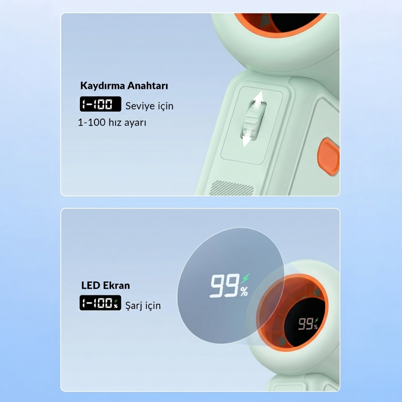 Warmco H1 15000 RPM Turbo El Vantilatörü 5000 mAh Şarjlı Dijital Göstergeli Mini Soğutucu Fan Yeşil - 4