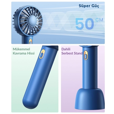 Warmco K30 Taşınabilir Şarjlı Mini El Vantilatörü 1800mAh 3 Kademeli Standlı Soğutucu Fan Lacivert - 2
