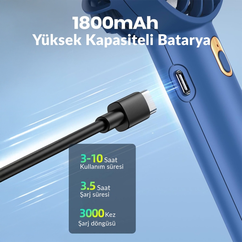 Warmco K30 Taşınabilir Şarjlı Mini El Vantilatörü 1800mAh 3 Kademeli Standlı Soğutucu Fan Lacivert - 3