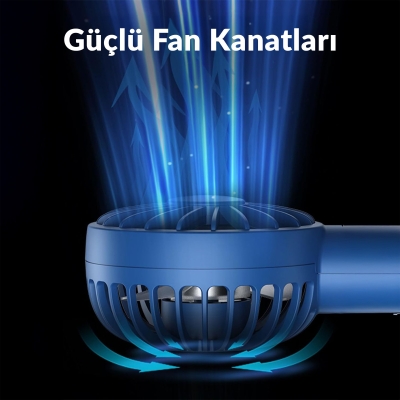 Warmco K30 Taşınabilir Şarjlı Mini El Vantilatörü 1800mAh 3 Kademeli Standlı Soğutucu Fan Lacivert - 4