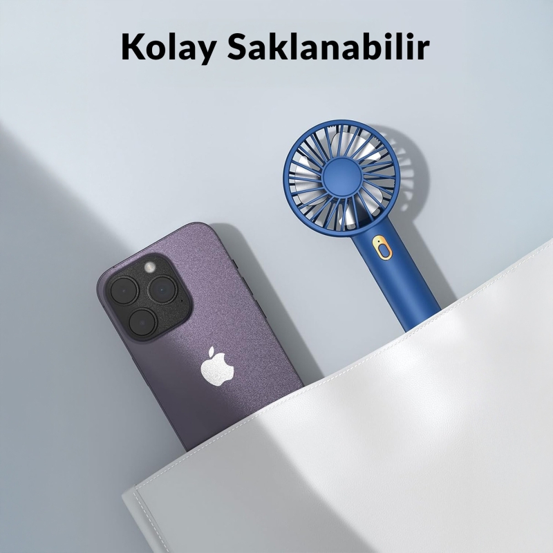 Warmco K30 Taşınabilir Şarjlı Mini El Vantilatörü 1800mAh 3 Kademeli Standlı Soğutucu Fan Lacivert - 6