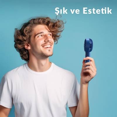 Warmco K30 Taşınabilir Şarjlı Mini El Vantilatörü 1800mAh 3 Kademeli Standlı Soğutucu Fan Lacivert - 7