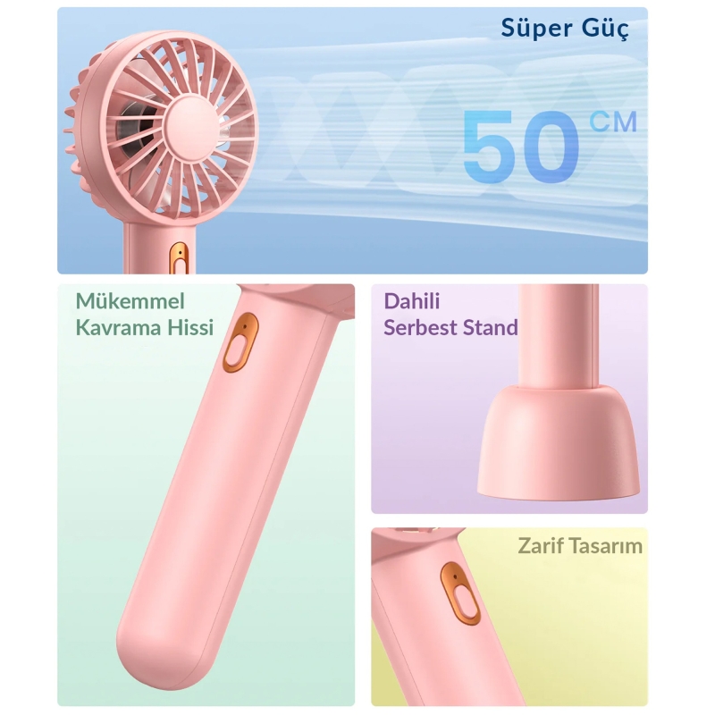 Warmco K30 Taşınabilir Şarjlı Mini El Vantilatörü 1800mAh 3 Kademeli Standlı Soğutucu Fan Pembe - 2