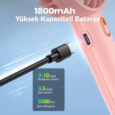 Warmco K30 Taşınabilir Şarjlı Mini El Vantilatörü 1800mAh 3 Kademeli Standlı Soğutucu Fan Pembe - 3
