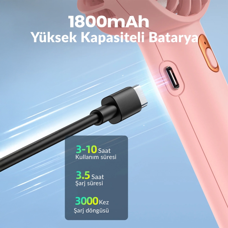 Warmco K30 Taşınabilir Şarjlı Mini El Vantilatörü 1800mAh 3 Kademeli Standlı Soğutucu Fan Pembe - 3