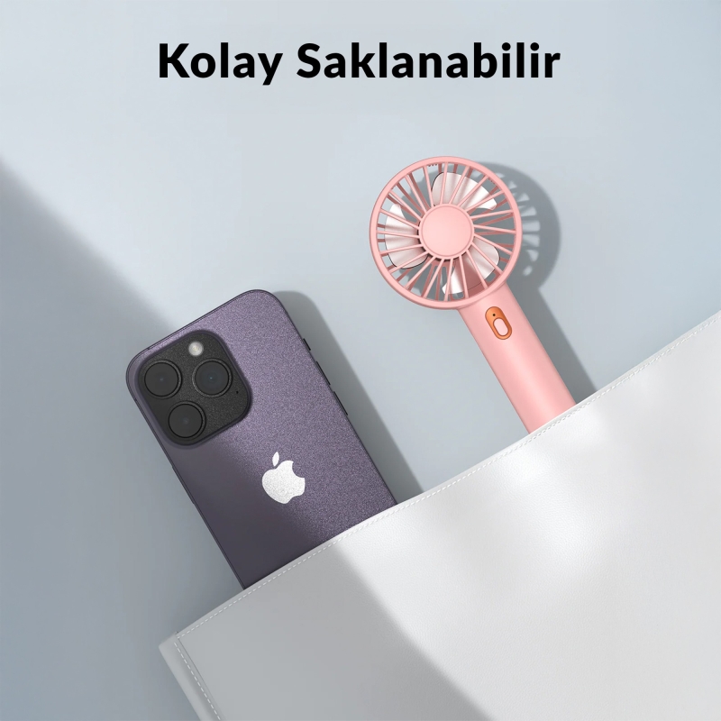 Warmco K30 Taşınabilir Şarjlı Mini El Vantilatörü 1800mAh 3 Kademeli Standlı Soğutucu Fan Pembe - 6