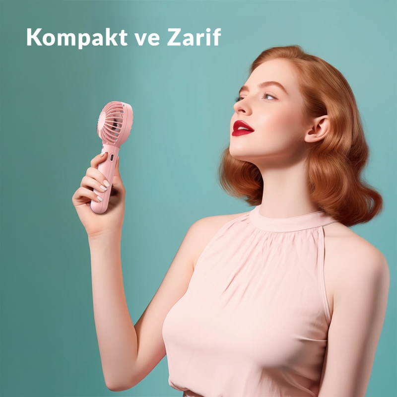 Warmco K30 Taşınabilir Şarjlı Mini El Vantilatörü 1800mAh 3 Kademeli Standlı Soğutucu Fan Pembe - 7