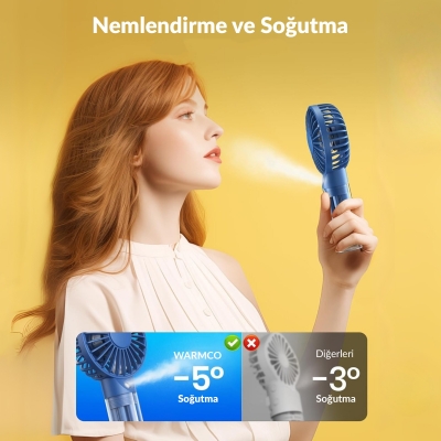 Warmco K31 Su Püskürtmeli Şarjlı El Vantilatörü Taşınabilir Masaüstü Standlı 3 Kademeli Serinletici Mini Soğutucu Fan Lacivert - 3