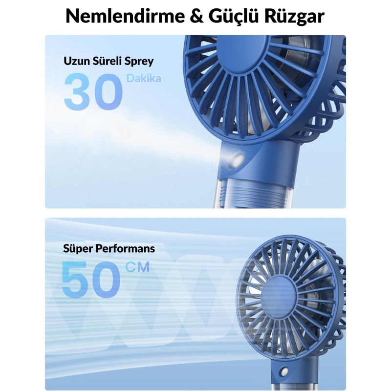 Warmco K31 Su Püskürtmeli Şarjlı El Vantilatörü Taşınabilir Masaüstü Standlı 3 Kademeli Serinletici Mini Soğutucu Fan Lacivert - 4