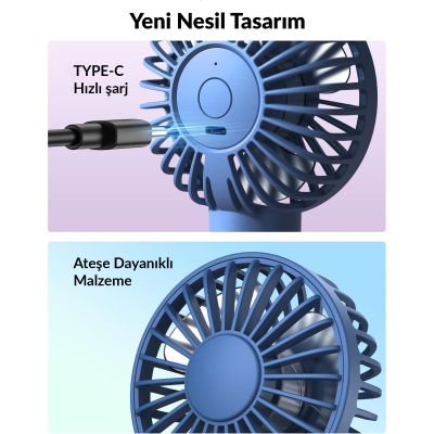 Warmco K31 Su Püskürtmeli Şarjlı El Vantilatörü Taşınabilir Masaüstü Standlı 3 Kademeli Serinletici Mini Soğutucu Fan Lacivert - 5