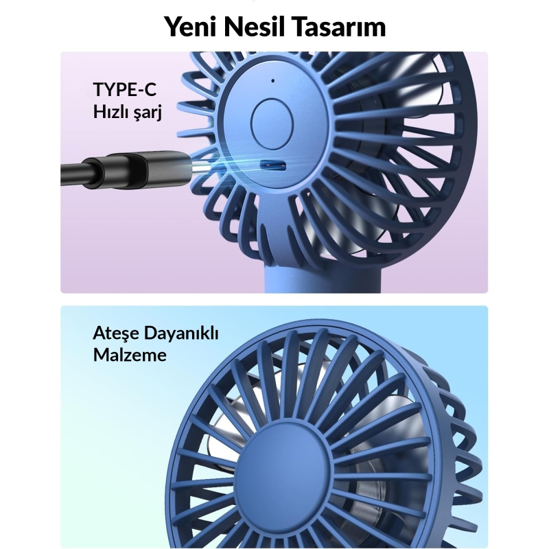 Warmco K31 Su Püskürtmeli Şarjlı El Vantilatörü Taşınabilir Masaüstü Standlı 3 Kademeli Serinletici Mini Soğutucu Fan Lacivert - 5