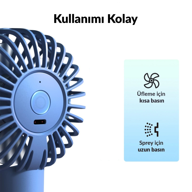 Warmco K31 Su Püskürtmeli Şarjlı El Vantilatörü Taşınabilir Masaüstü Standlı 3 Kademeli Serinletici Mini Soğutucu Fan Lacivert - 6