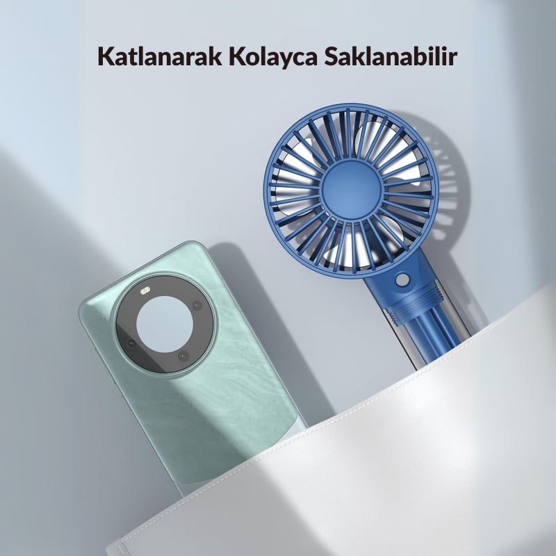 Warmco K31 Su Püskürtmeli Şarjlı El Vantilatörü Taşınabilir Masaüstü Standlı 3 Kademeli Serinletici Mini Soğutucu Fan Lacivert - 7