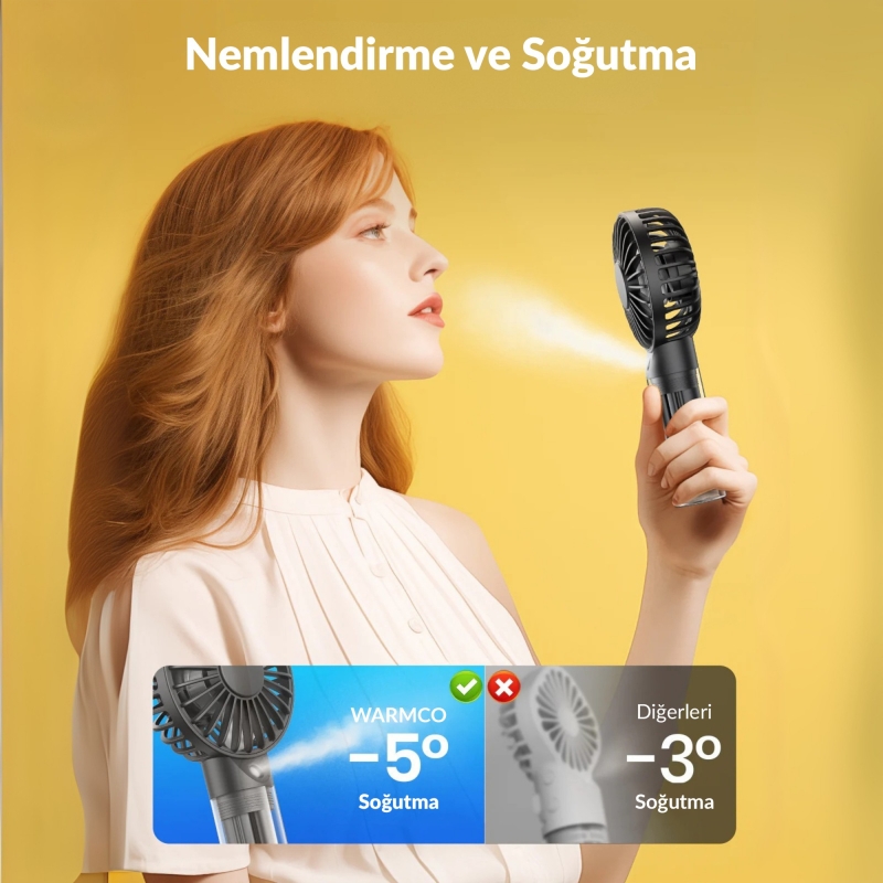 Warmco K31 Su Püskürtmeli Şarjlı El Vantilatörü Taşınabilir Masaüstü Standlı 3 Kademeli Serinletici Mini Soğutucu Fan Pembe - 4