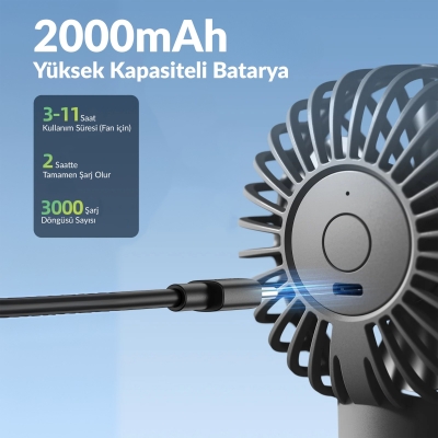 Warmco K31 Su Püskürtmeli Şarjlı El Vantilatörü Taşınabilir Masaüstü Standlı 3 Kademeli Serinletici Mini Soğutucu Fan Siyah - 2