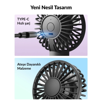 Warmco K31 Su Püskürtmeli Şarjlı El Vantilatörü Taşınabilir Masaüstü Standlı 3 Kademeli Serinletici Mini Soğutucu Fan Siyah - 6