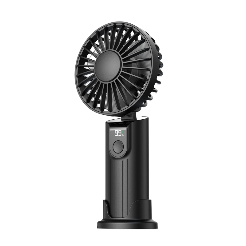 Warmco K38 Ekranlı 4 Kademeli El Vantilatörü 5000mAh Şarjlı Taşınabilir Katlanabilir Standlı Boyun Askılı Soğutucu Fan Siyah - 1