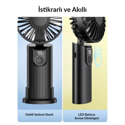 Warmco K38 Ekranlı 4 Kademeli El Vantilatörü 5000mAh Şarjlı Taşınabilir Katlanabilir Standlı Boyun Askılı Soğutucu Fan Siyah - 4