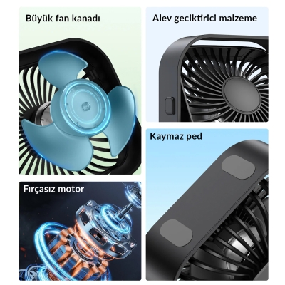 Warmco K51 Masaüstü Vantilatör 3 Kademeli 360° Döner Başlıklı USB Kablolu Soğutucu Fan Siyah - 2