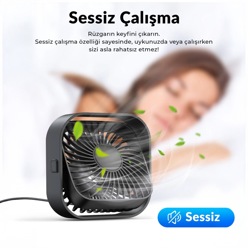 Warmco K51 Masaüstü Vantilatör 3 Kademeli 360° Döner Başlıklı USB Kablolu Soğutucu Fan Siyah - 5