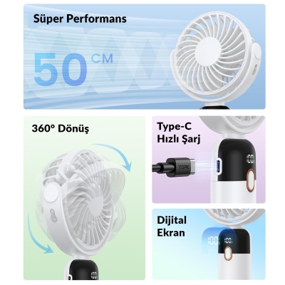 Warmco K70 Taşınabilir Şarjlı El Vantilatörü 2400mAh 360° Döner Başlıklı ve Standlı Dijital Ekranlı Soğutucu Fan Beyaz - 2