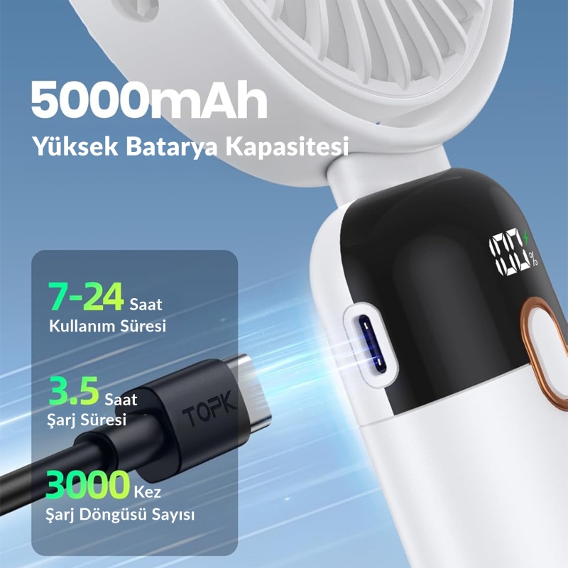 Warmco K70 Taşınabilir Şarjlı El Vantilatörü 2400mAh 360° Döner Başlıklı ve Standlı Dijital Ekranlı Soğutucu Fan Beyaz - 3