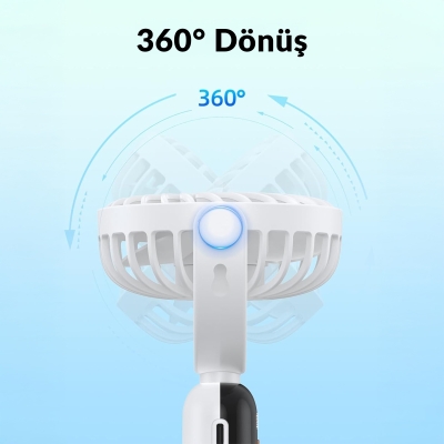Warmco K70 Taşınabilir Şarjlı El Vantilatörü 2400mAh 360° Döner Başlıklı ve Standlı Dijital Ekranlı Soğutucu Fan Beyaz - 4
