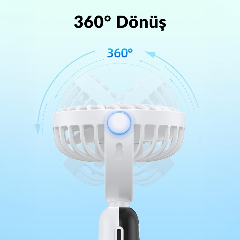 Warmco K70 Taşınabilir Şarjlı El Vantilatörü 2400mAh 360° Döner Başlıklı ve Standlı Dijital Ekranlı Soğutucu Fan Beyaz - 4