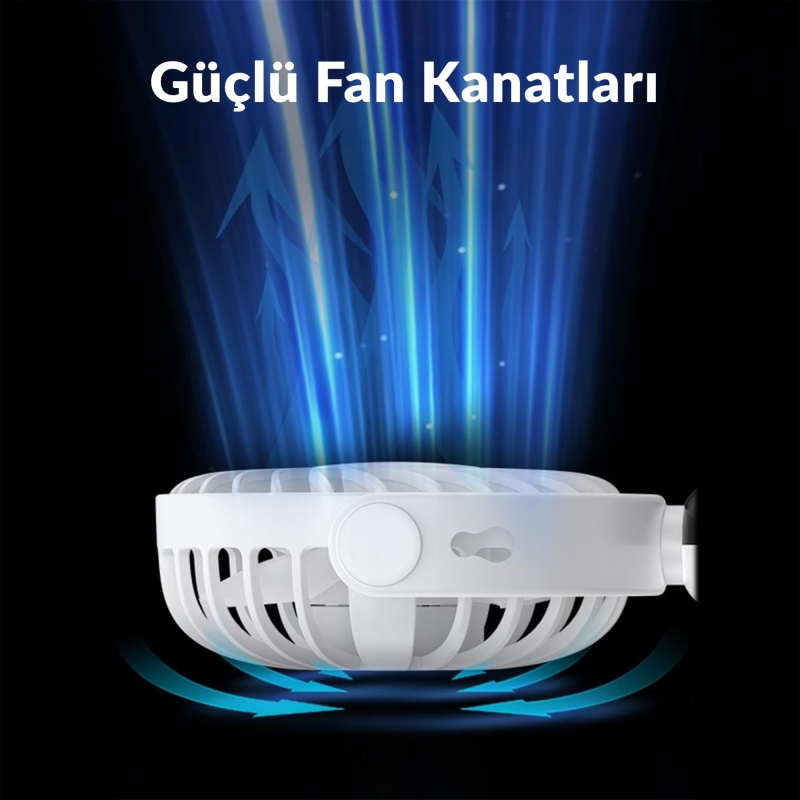 Warmco K70 Taşınabilir Şarjlı El Vantilatörü 2400mAh 360° Döner Başlıklı ve Standlı Dijital Ekranlı Soğutucu Fan Beyaz - 5